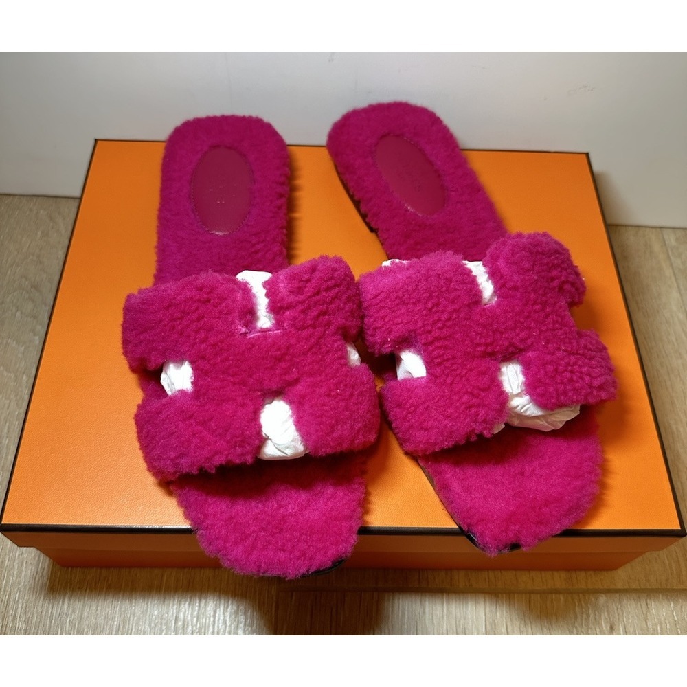 Hermes Oran Teddy Shearling Fur Pink H Logo Slide Sandal Mule Flat Flip Flop 38